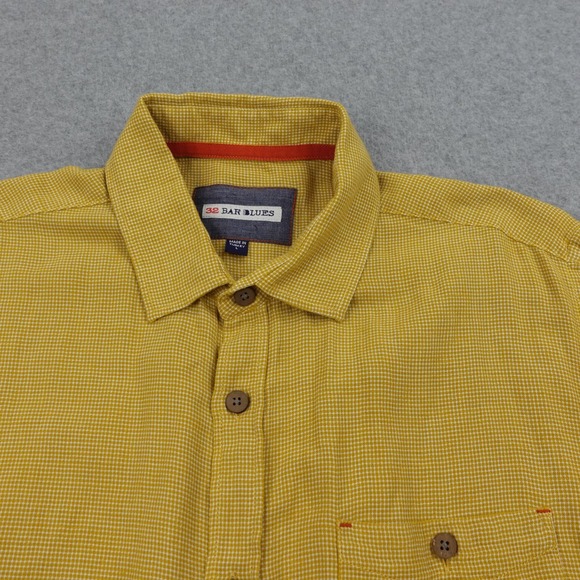 32 Bar Blues‎ Mens L Yellow Short Sleeve Button Up Shirt Pocket Beach Preppy - Picture 1 of 5